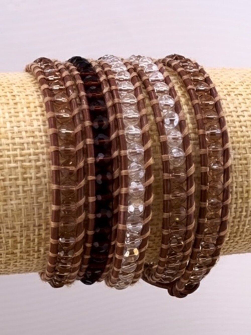 NWT  Boho Wrap Bracelet Beaded Leather Multi Strand Brown with crystals